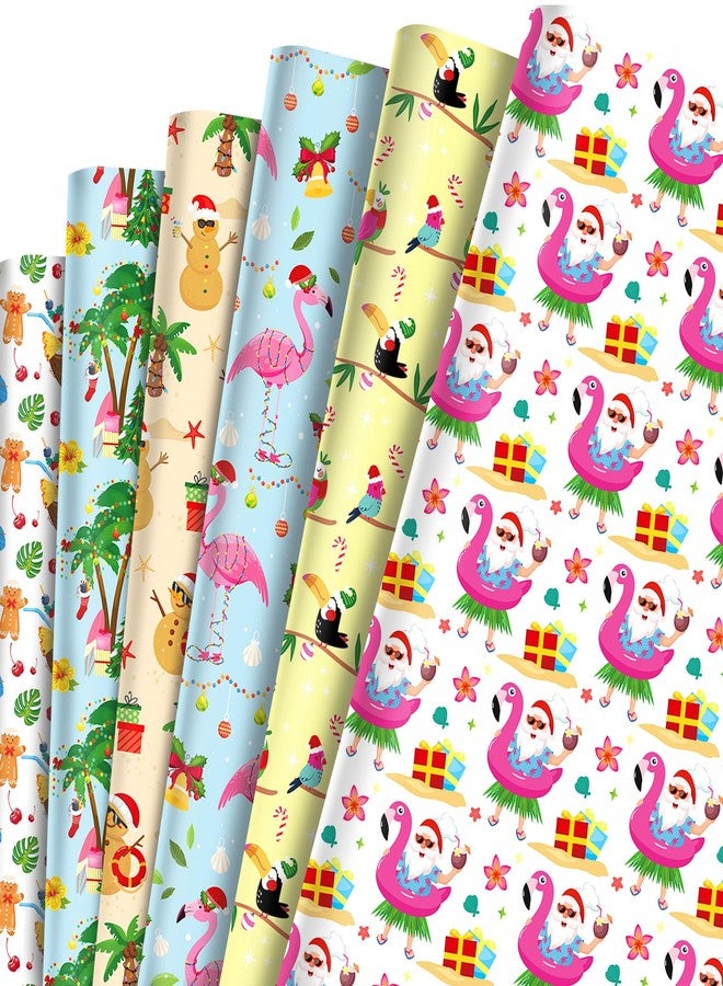 HOWAF 12 Sheets Summer Christmas Wrapping Paper, Tropical Christmas July Gift Wrapping Paper, Beach Santa Party Favors Gift Decor Hawaiian Flamingo Wrap Papers with Palm Tree Snowman - Image 1