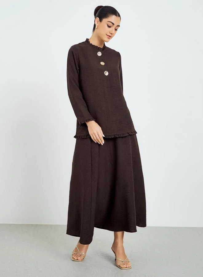 Amirah Brown Ruffled Neck Top and Skirt Modest Set