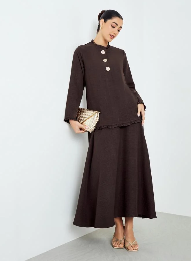 Brown Ruffled Neck Top and Skirt Modest Set