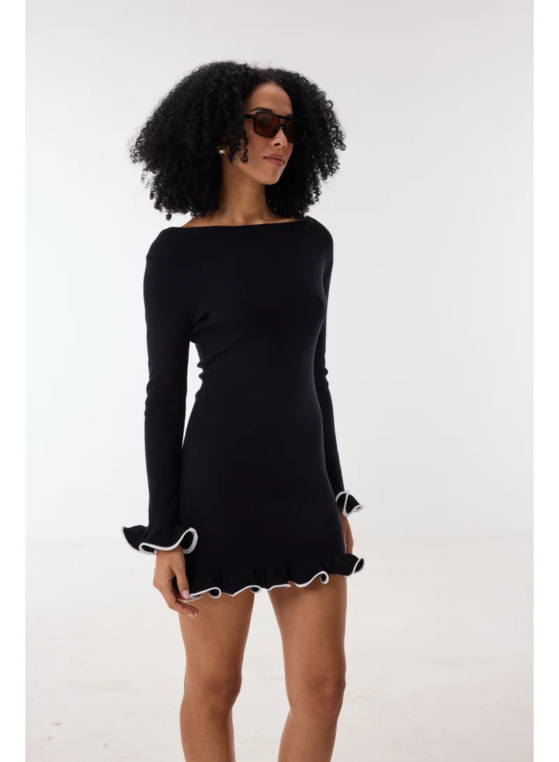 Ashita Fernandes Red Milano Knit Body-Skimming Short Dress with Boat Neck & Ruffle Detail