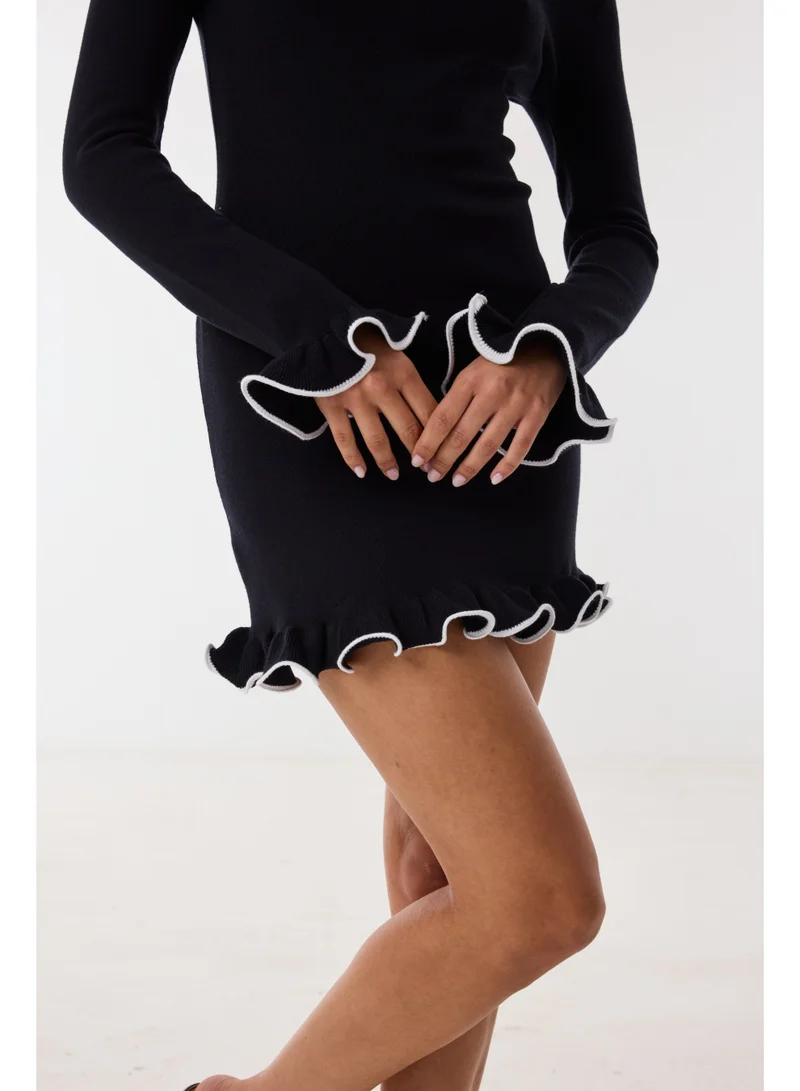 Ashita Fernandes Red Milano Knit Body-Skimming Short Dress with Boat Neck & Ruffle Detail