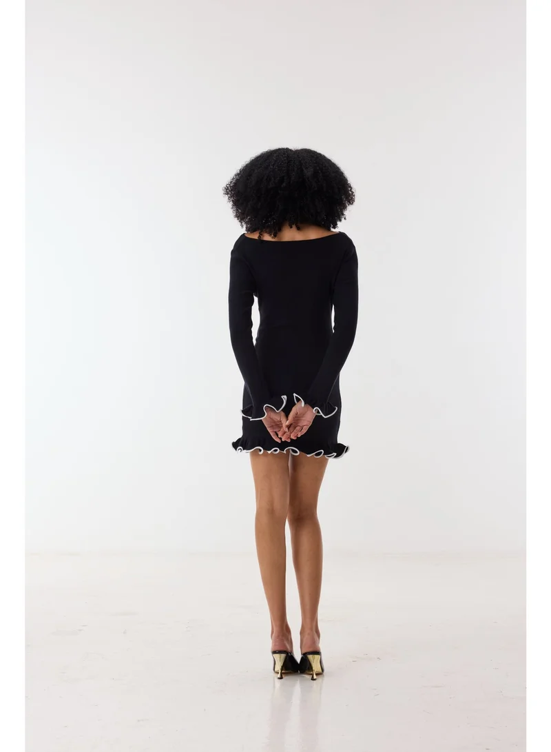 Ashita Fernandes Red Milano Knit Body-Skimming Short Dress with Boat Neck & Ruffle Detail