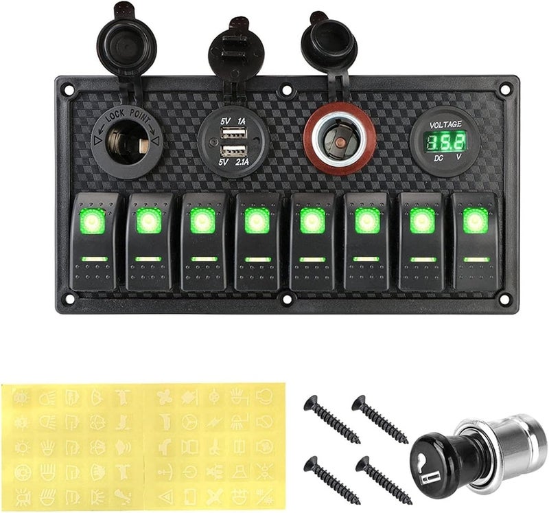 QASULER 12V 24V Dual USB Lighter Socket 8 Gang Switch Panel - Image 1