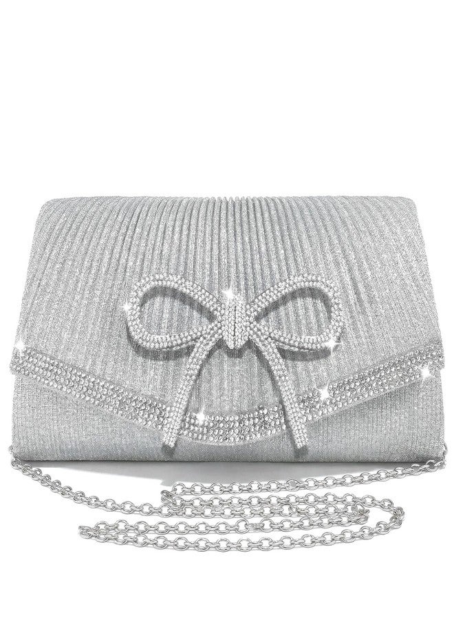 Suhatjia Bow Rhinestone Evening Clutch Purses for Women Weddings Party Prom Diamond Glitter Sparkly Handbag with Detachable Chain (Silver Bow) - Image 1