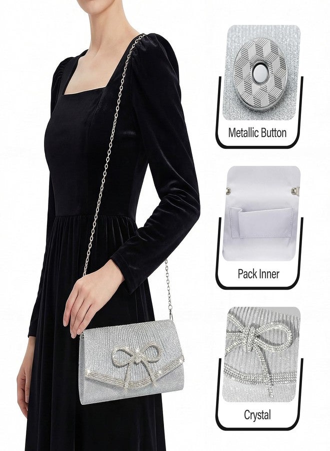Suhatjia Bow Rhinestone Evening Clutch Purses for Women Weddings Party Prom Diamond Glitter Sparkly Handbag with Detachable Chain (Silver Bow) - Image 3