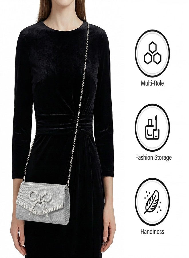 Suhatjia Bow Rhinestone Evening Clutch Purses for Women Weddings Party Prom Diamond Glitter Sparkly Handbag with Detachable Chain (Silver Bow) - Image 5