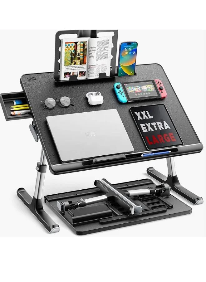 كويزيرا Large Black PU Leather Adjustable Laptop Stand Table with Drawer and Book Holder