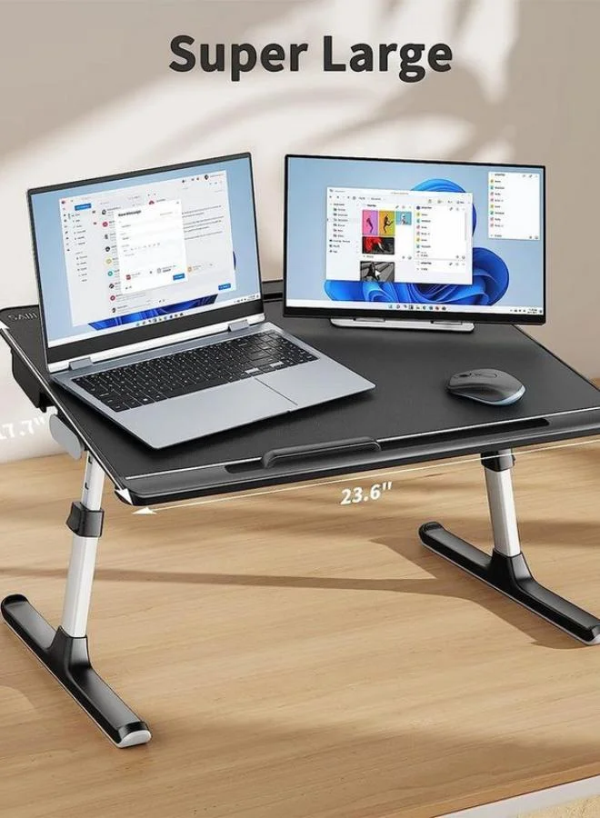 كازا كيسيرا Large Black PU Leather Adjustable Laptop Stand Table with Drawer and Book Holder