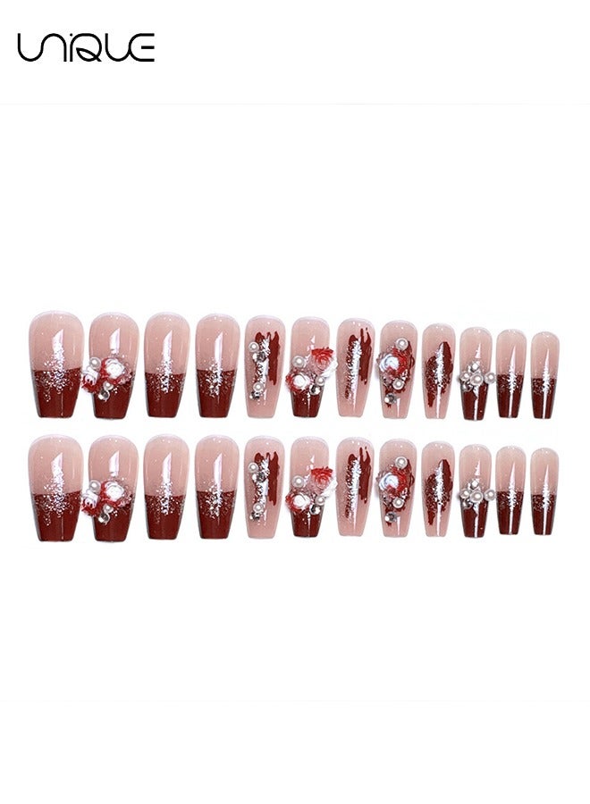 يونيك 24 قطعة أظافر مزيفة ، أظافر مكبس ، مانيكير باليه متوسط الطول - مانيكير لؤلؤي أحمر متدرج - مانيكير وردي فوارة بلونين - رقعة أظافر مزيفة - Image 4