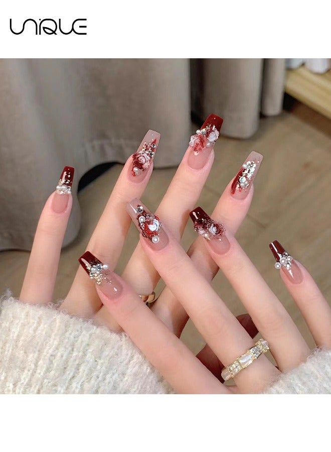 يونيك 24 قطعة أظافر مزيفة ، أظافر مكبس ، مانيكير باليه متوسط الطول - مانيكير لؤلؤي أحمر متدرج - مانيكير وردي فوارة بلونين - رقعة أظافر مزيفة - Image 3