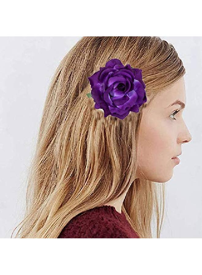 HOPEANT 5 Pcs Big Rose Flower Hair Clips Brooch Pins Accessories For Women Girl Bridal Bxh355 (Purple)  - Image 5
