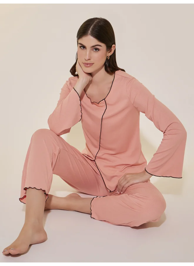 Take Two Take Two Edge Rib Long Sleeve T-Shirt And Pajama Set