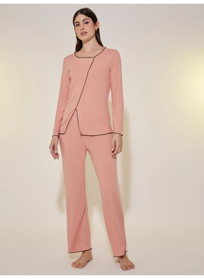 Take Two Take Two Edge Rib Long Sleeve T-Shirt And Pajama Set