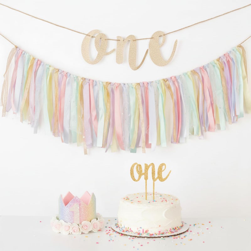PapaKit Girls 1st Birthday High Chair Premium Decoration Set - Pastel Rainbow Ribbon Garland, Crown, One Banner & Cake Topper | Unicorn, Donut & Ice Cream Theme Cake Smash Photo Pro - Image 2