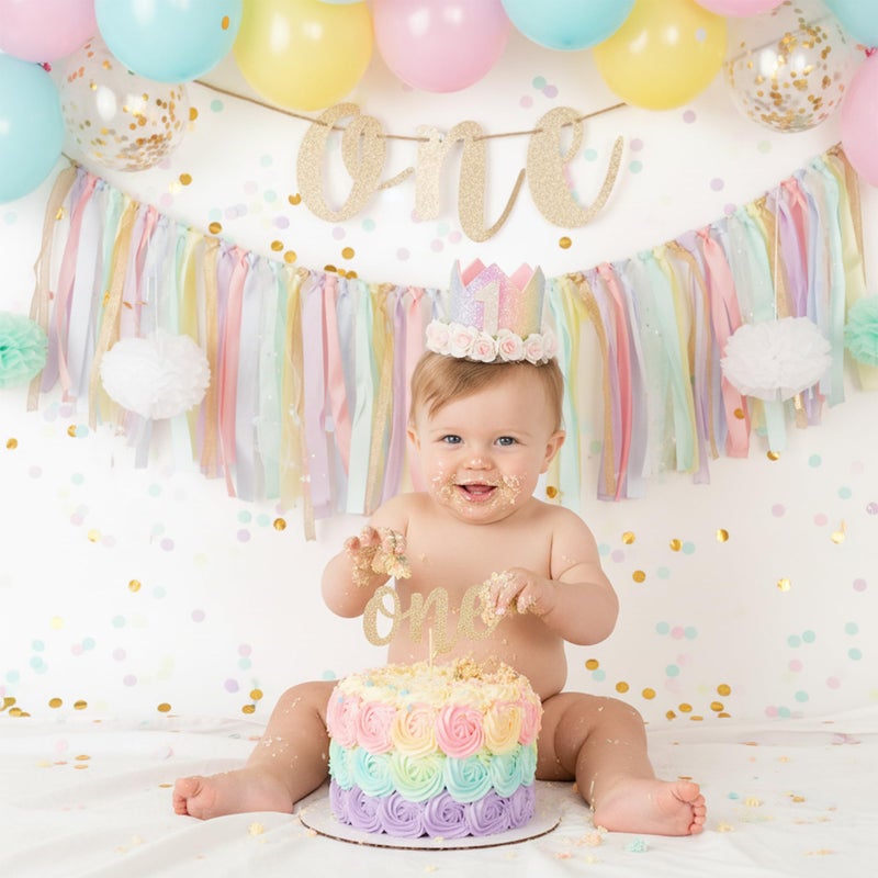 PapaKit Girls 1st Birthday High Chair Premium Decoration Set - Pastel Rainbow Ribbon Garland, Crown, One Banner & Cake Topper | Unicorn, Donut & Ice Cream Theme Cake Smash Photo Pro - Image 1