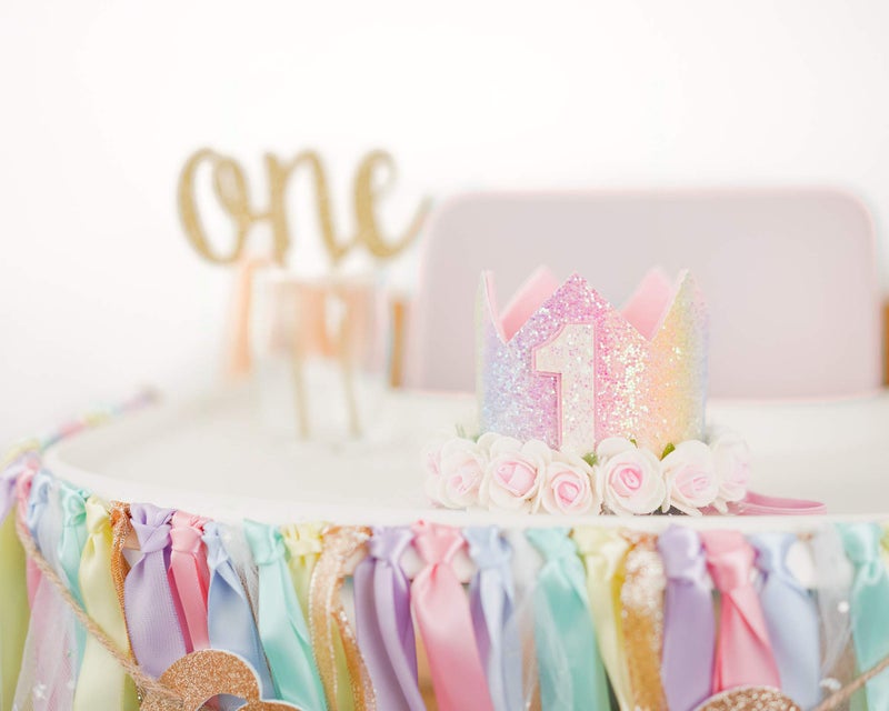 PapaKit Girls 1st Birthday High Chair Premium Decoration Set - Pastel Rainbow Ribbon Garland, Crown, One Banner & Cake Topper | Unicorn, Donut & Ice Cream Theme Cake Smash Photo Pro - Image 3