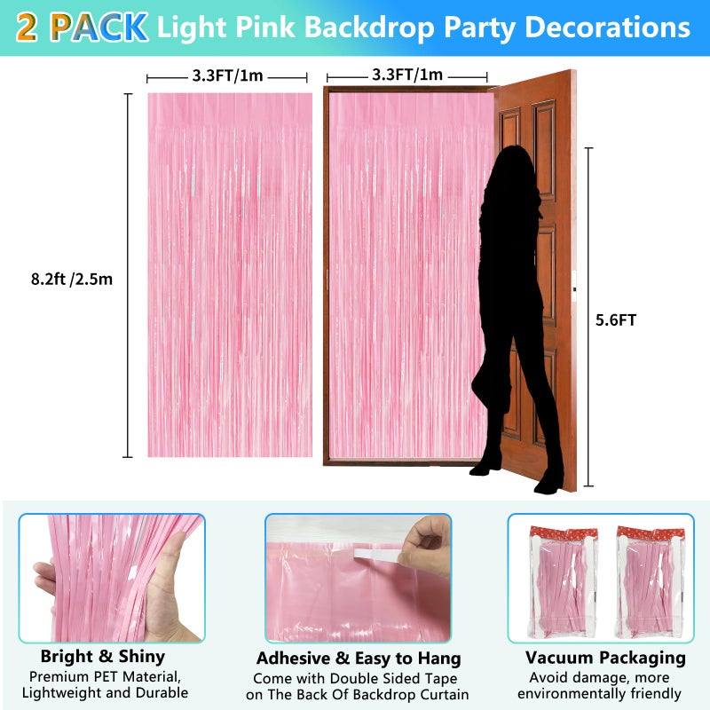 JEBUTU Pastel Pink Birthday Party Backdrop Decorations Foil Fringe Curtain 3.3x8.2ft 2 Pack, Pink Streamers Background Party Decorations Wall Door Hanging for Baby Valentines Barbie Princess Bachelorette - Image 2