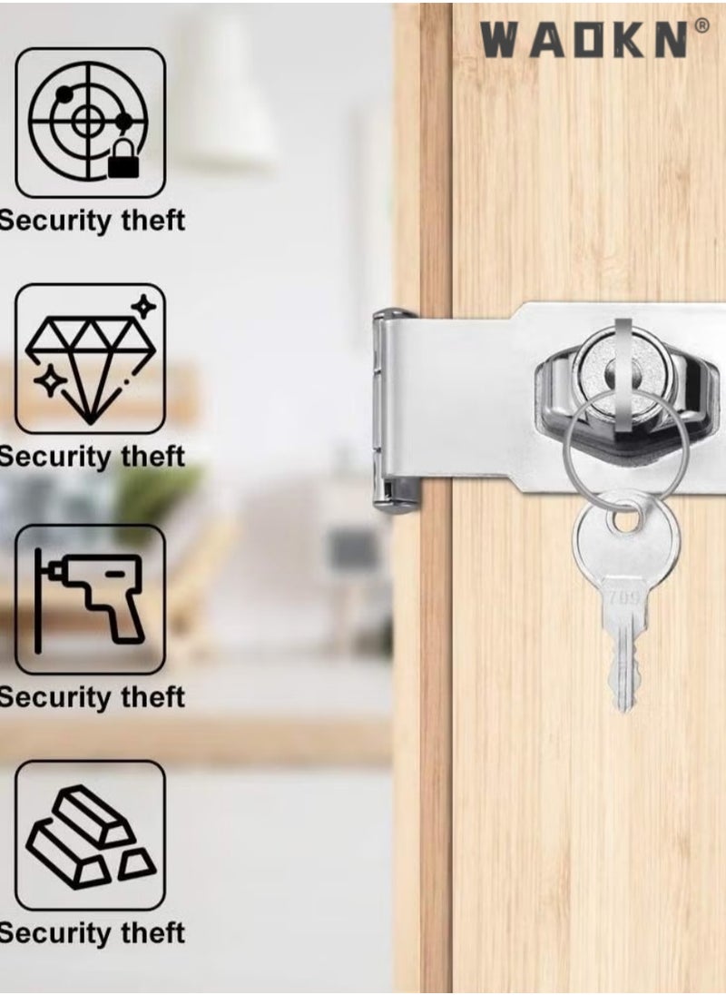 WAOKN 90 Degree Small Strap and U-pin  Metal lock Buckle, 3-inch Hole Free Security Lock Buckle, Wooden Door Lock Head, Old-Fashioned Buckle Lock with Padlock, Key, Cabinet, Drawer Door Screw, Shed Lock  - Image 4