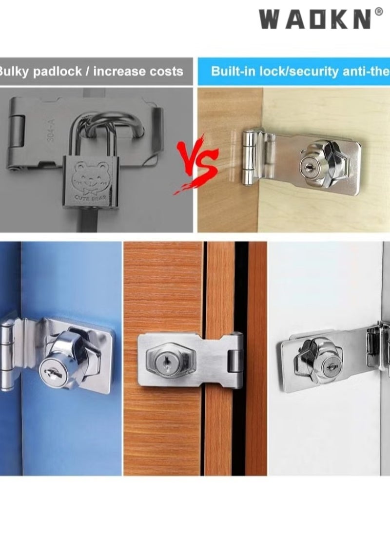 90 Degree Small Strap and U-pin  Metal lock Buckle, 3-inch Hole Free Security Lock Buckle, Wooden Door Lock Head, Old-Fashioned Buckle Lock with Padlock, Key, Cabinet, Drawer Door Screw, Shed Lock