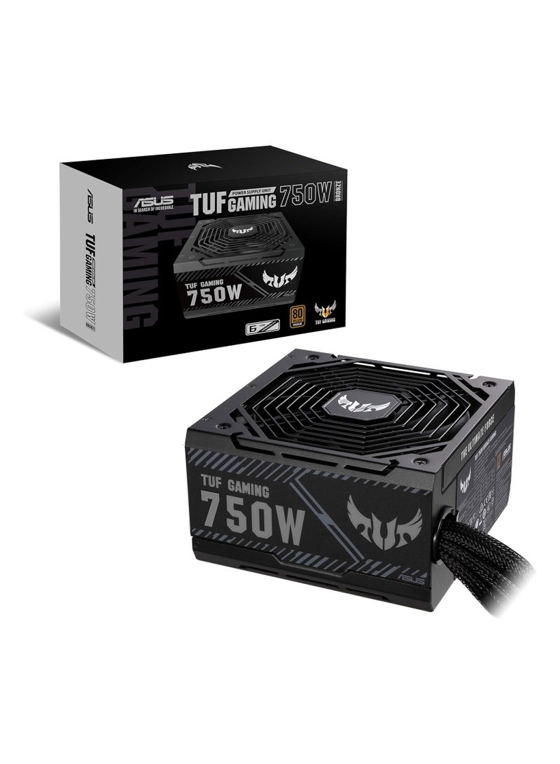 ASUS TUF Gaming 750W Bronze Power Supply Unit, 80 Plus Bronze Certified, Active PFC, 120,000+ Hours MTBF, ATX12V, 62A +12V Rail, Dual 4+4-Pin CPU Connectors, 4 x 6+2-Pin PCI-E, 4 x SATA, Comprehensive Protection (OPP/OVP/UVP/SCP/OCP/OTP), ROHS Compliant, 2.18kg | 90YE00D0-B0NA00 Black - Image 1