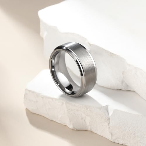 King Will Men's Silver Tungsten Carbide Ring 8mm Polished Step Edge Matte Brushed Finish Center Wedding Band(13) - Image 3