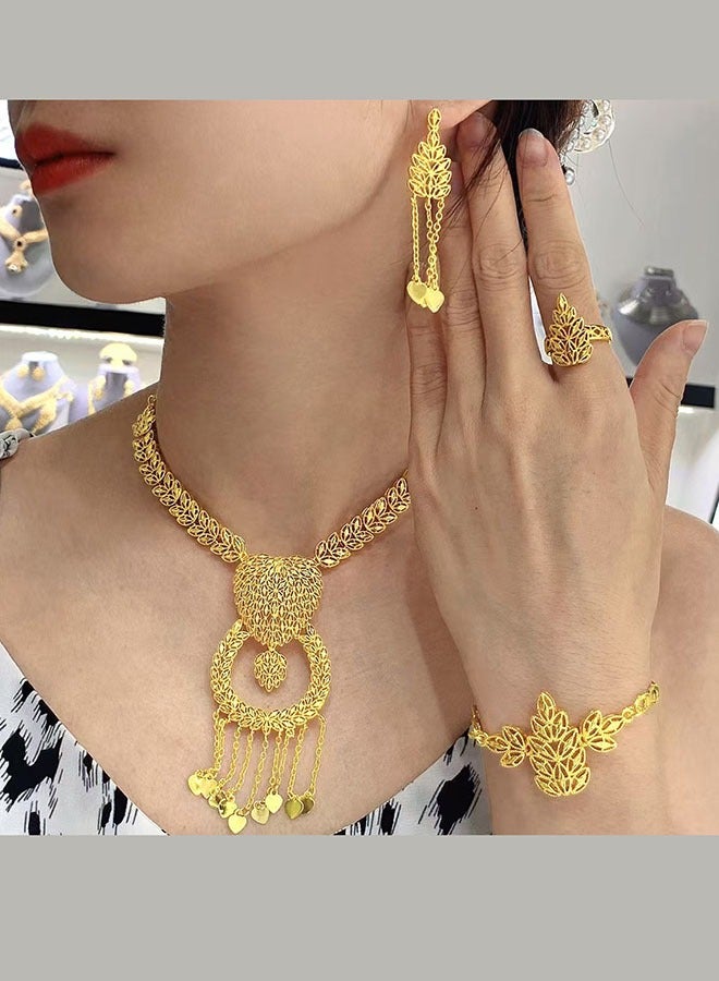 Gold-Plated Arabian Bride Necklace Earrings Ring Bracelet 4-Piece set Gold Wedding Jewelry Set Custom Jewelry - Image 2