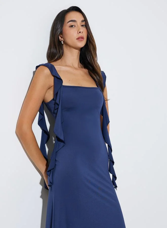 ستايلي Blue Sleeveless Midi Dress with Ruffles