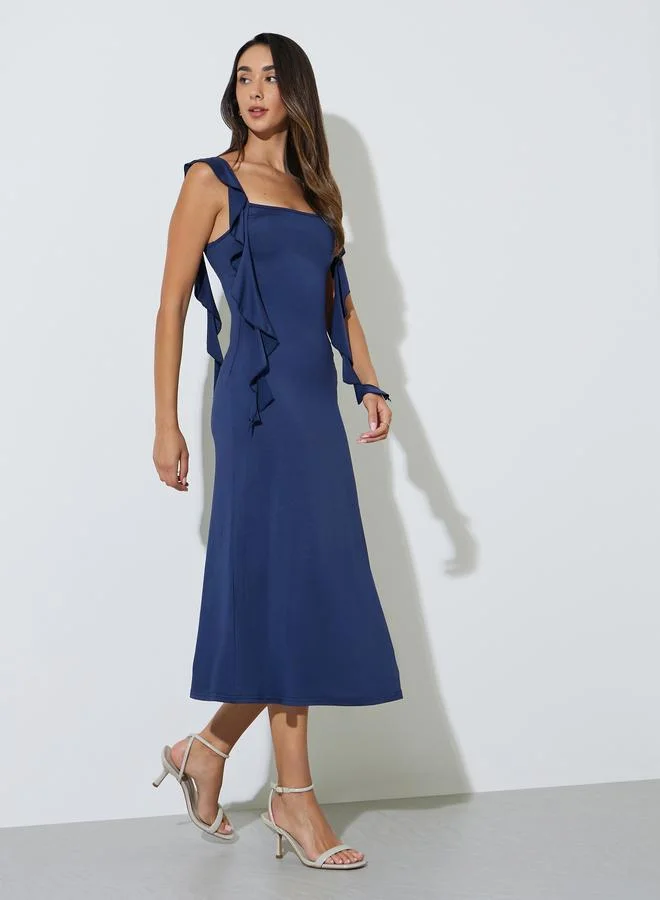 ستايلي Blue Sleeveless Midi Dress with Ruffles