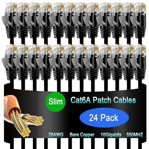 Lysymixs Cat6a Slim Ethernet Patch Cable 1 ft (24 Pack), Cat6a Patch Cable for Data Centers, Cat 6 Cable 10G, Network Patch Cables for Home and Enterprise Network -Black - Image 1