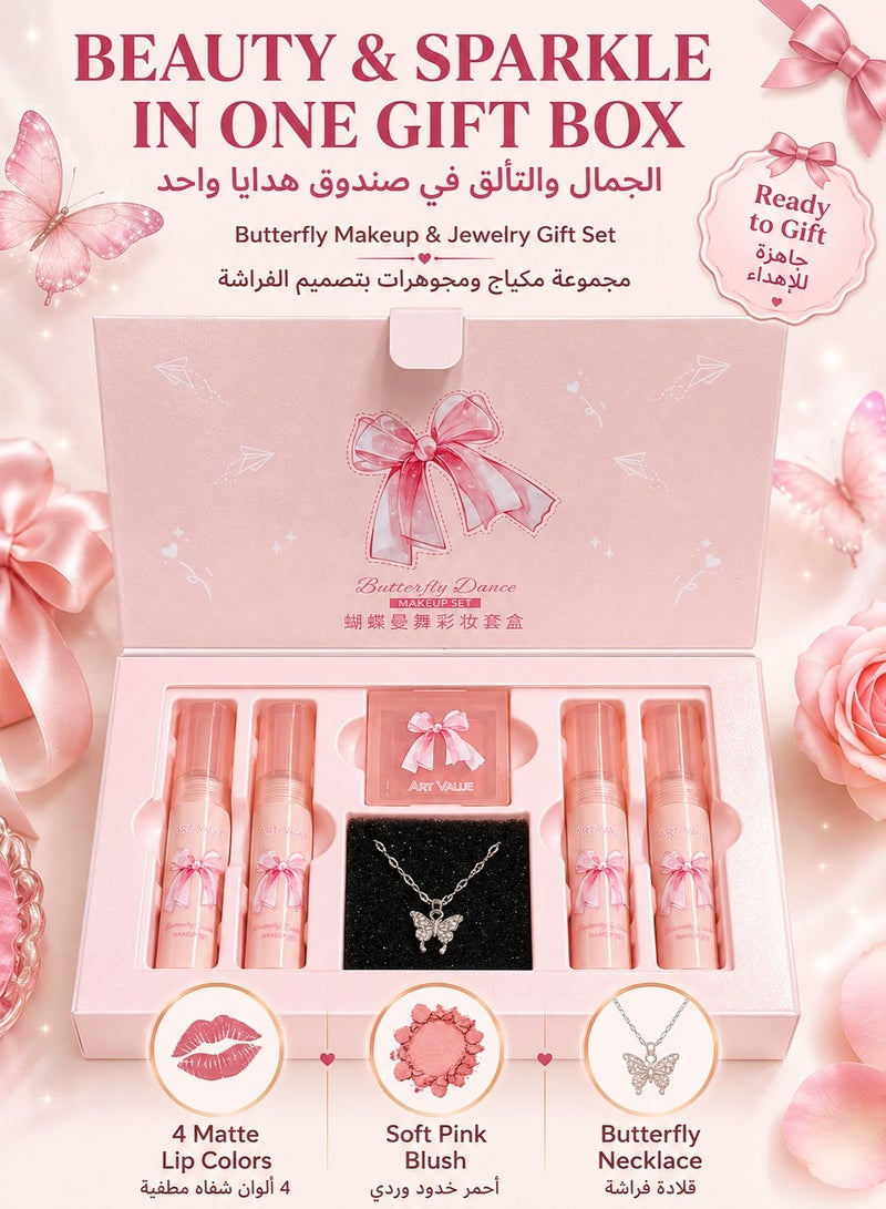 ART VALUE Butterfly Makeup & Jewelry Gift Set, 4 Matte Lip Colors, Blush and Butterfly Necklace, Pink Beauty Set for Women & Girls - Image 1