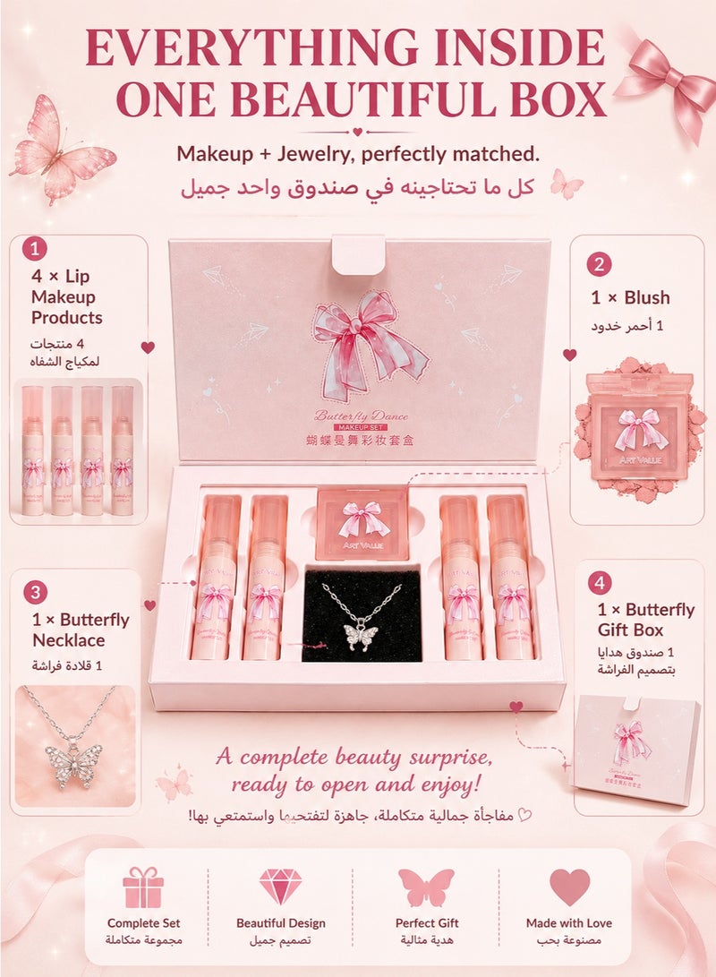 ART VALUE Butterfly Makeup & Jewelry Gift Set, 4 Matte Lip Colors, Blush and Butterfly Necklace, Pink Beauty Set for Women & Girls - Image 2