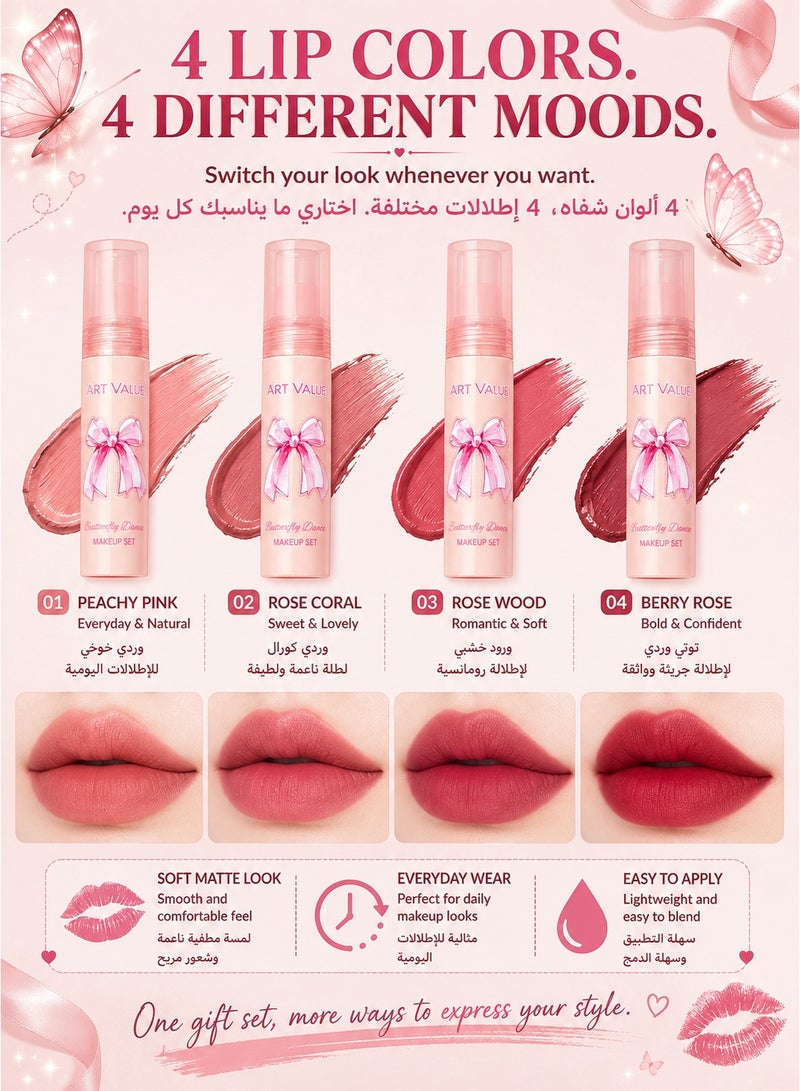 ART VALUE Butterfly Makeup & Jewelry Gift Set, 4 Matte Lip Colors, Blush and Butterfly Necklace, Pink Beauty Set for Women & Girls - Image 3