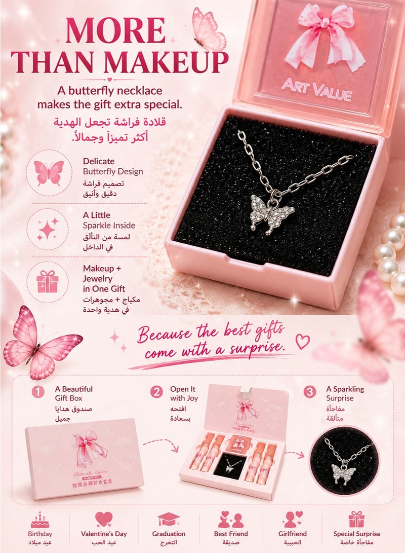 ART VALUE Butterfly Makeup & Jewelry Gift Set, 4 Matte Lip Colors, Blush and Butterfly Necklace, Pink Beauty Set for Women & Girls - Image 5