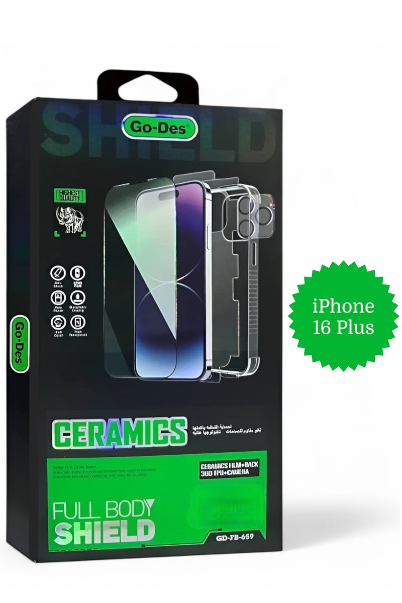 GO-DES Full protection package for iPhone 16 Plus, Protective case made of high-quality materials, high-definition screen protection, camera lens protector, phone back protector, maximum protection against scratches and breakage.