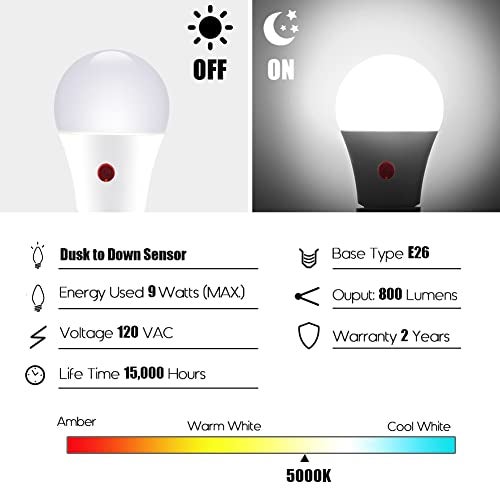 Emotionlite Dusk to Dawn Sensor Light Bulbs Outdoor,Neutral White LED Bulbs, 60 Watt Equivalent, Automatic On/Off, Porch, Patio,Garage, Hallway, Basement, A19 Size, 9W, E26 Medium Base (3 Pack) - Image 2