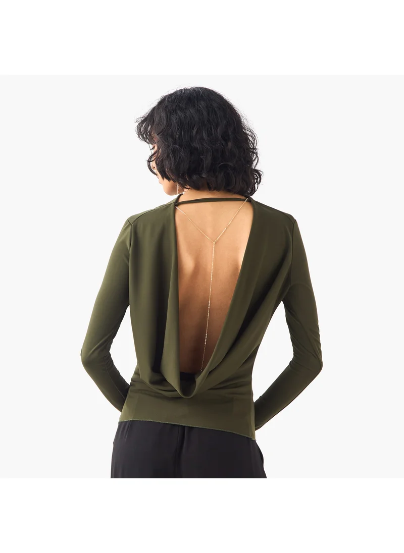 ايكونيك Iconic Cowl Back Top with Long Sleeves
