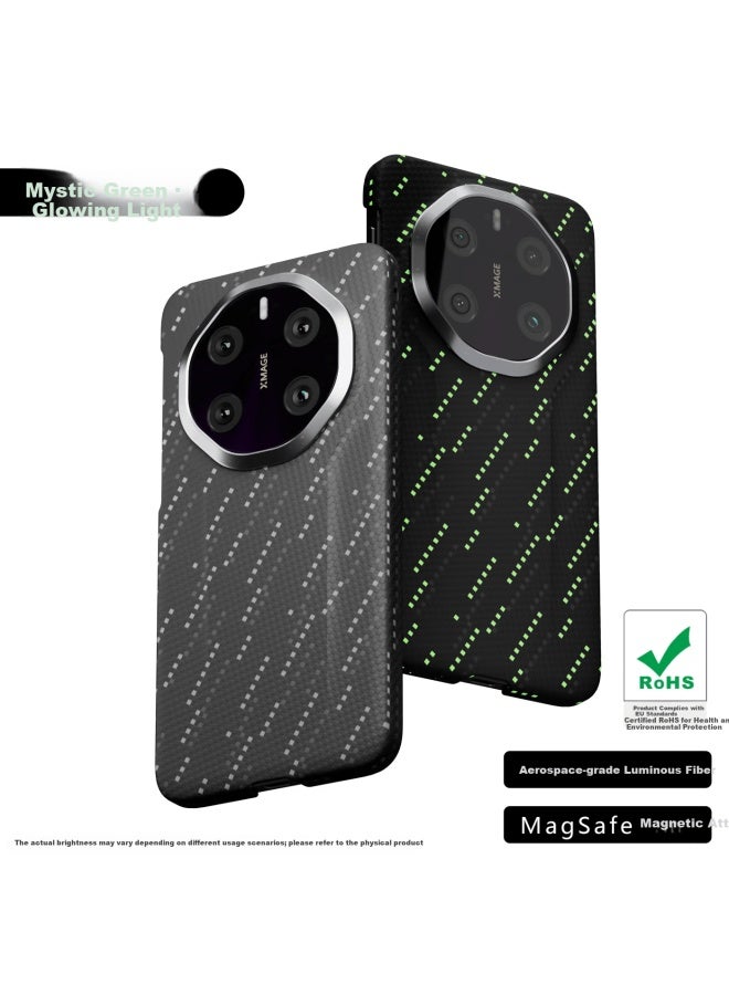 Conga Huawei Mate80 Rs Extraordinary Master Kevlar Aramid Fiber Protective Case Full Coverage Ultra-thin Hard Shell Shockproof Cooling Dark Green Luminous Magnetic Fine Metal Ring