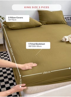 LUNA Home 3-Piece Set: Includes a king-size fitted bedsheet and two pillowcases, washable cotton in a green color.  - Image 2