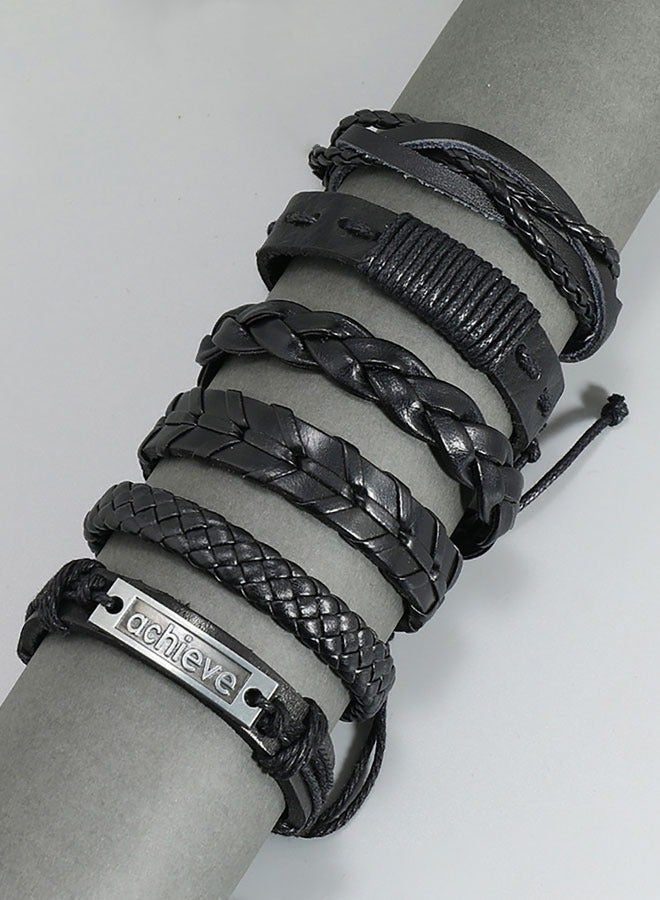 HAWAWA 6 Pcs Woven Braided PU Leather Bracelet for Men Women Cool Wristbands Cuff Bracelets Multilayered Handmade Wrap Bracelets Adjustable Black - Image 2