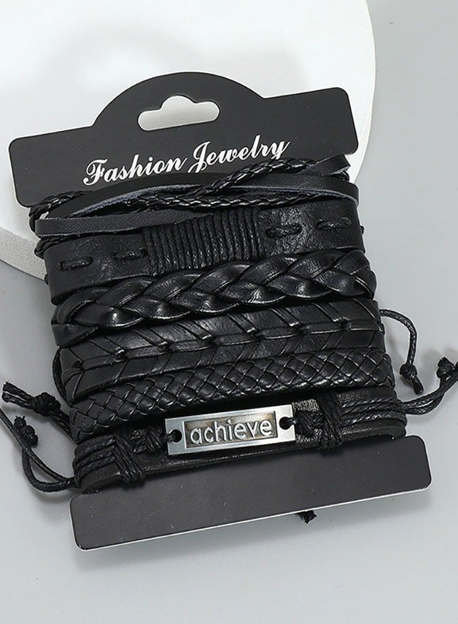 HAWAWA 6 Pcs Woven Braided PU Leather Bracelet for Men Women Cool Wristbands Cuff Bracelets Multilayered Handmade Wrap Bracelets Adjustable Black - Image 3