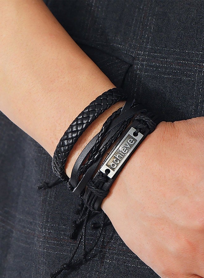 HAWAWA 6 Pcs Woven Braided PU Leather Bracelet for Men Women Cool Wristbands Cuff Bracelets Multilayered Handmade Wrap Bracelets Adjustable Black - Image 4