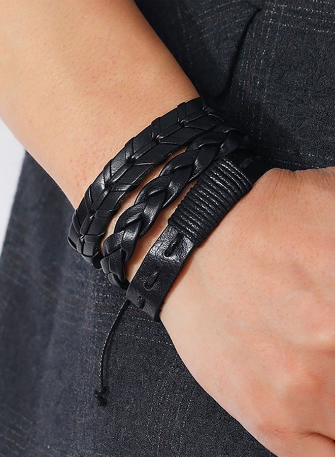 HAWAWA 6 Pcs Woven Braided PU Leather Bracelet for Men Women Cool Wristbands Cuff Bracelets Multilayered Handmade Wrap Bracelets Adjustable Black - Image 5