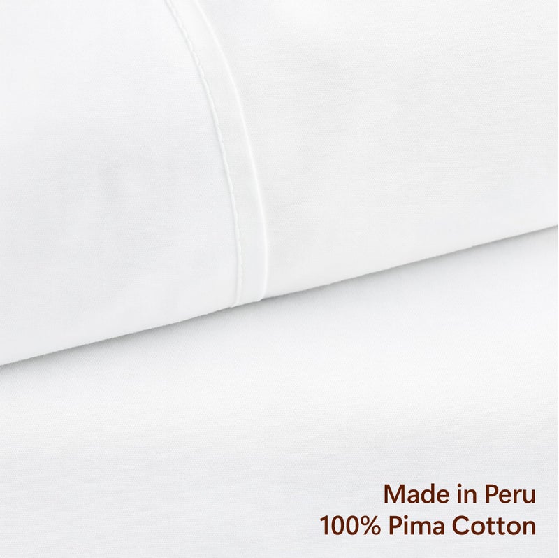Peru Pima 285 Thread Count Percal King Sheet Set - 100% Peruvian Pima Cotton, 4 Piece (Flat, Fitted, 2 Pillowcases) - Cooling, Crisp, Deep Pocket, Hotel Quality Bedding - White - Image 2