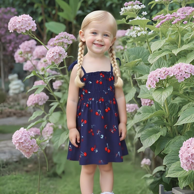Kumrabal Girls Dresses, Toddler Dress, Little Toddler Girls' Flower Summer Sleeveless Straps Navy Blue with Cherry Printed Princess Dresses,Backless Cute Holiday Beach Sundress for Kids - Image 2
