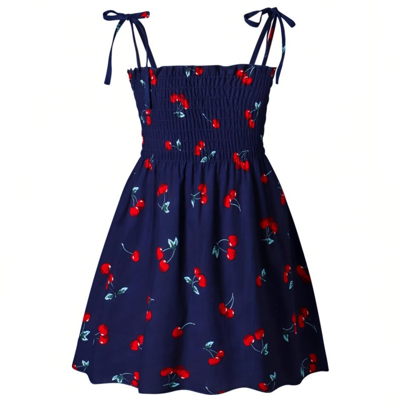 Kumrabal Girls Dresses, Toddler Dress, Little Toddler Girls' Flower Summer Sleeveless Straps Navy Blue with Cherry Printed Princess Dresses,Backless Cute Holiday Beach Sundress for Kids - Image 1