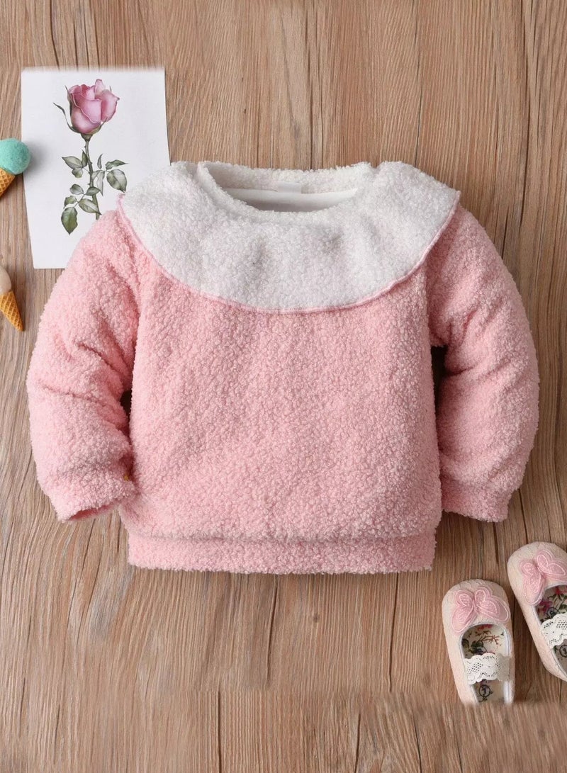 Baby Color Block Ruffle Trim Thermal Lined Teddy Pullover - Image 1