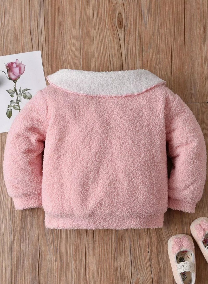 Baby Color Block Ruffle Trim Thermal Lined Teddy Pullover - Image 2