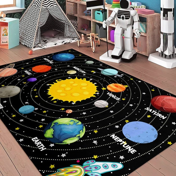 PLANET RUG SPACE ADVENTURE THEME BOYS BEDROOM CARPET GALAXY FLOOR MAT WITH SOLAR SYSTEM PLANETS GALAXY DECOR KIDS PLAYROOM EDUCATIONAL RUG 35