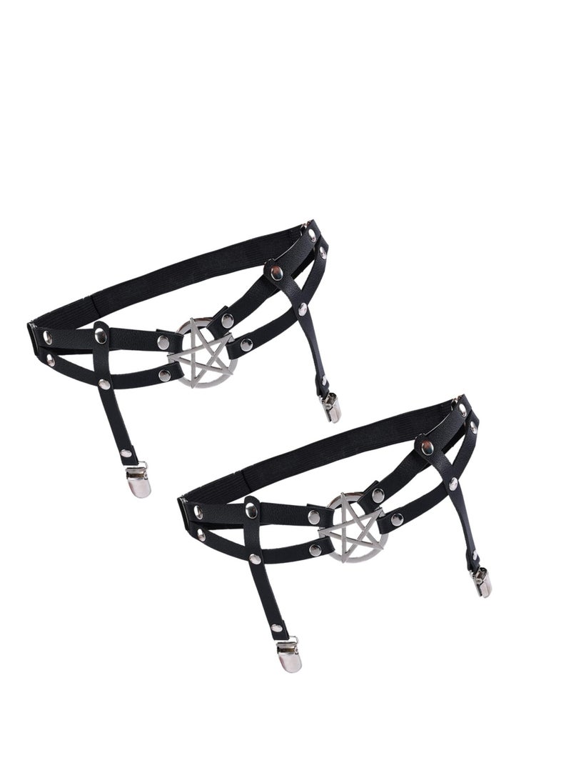 Y&D - Women Adjustable Leather Thigh Garter, 2Pcs Star Shaped Leg Garter with Clips Punk Goth Garters for Thigh-high Socks - Image 1