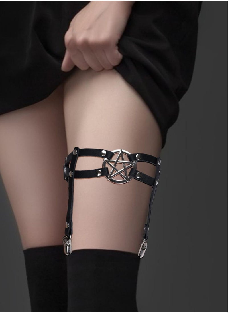 Y&D - Women Adjustable Leather Thigh Garter, 2Pcs Star Shaped Leg Garter with Clips Punk Goth Garters for Thigh-high Socks - Image 1